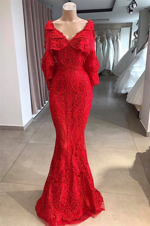 Chic Long Mermaid V-Neck Appliques Lace Floor-Length Prom Dresses with Sleeves - YESBABYONLINE