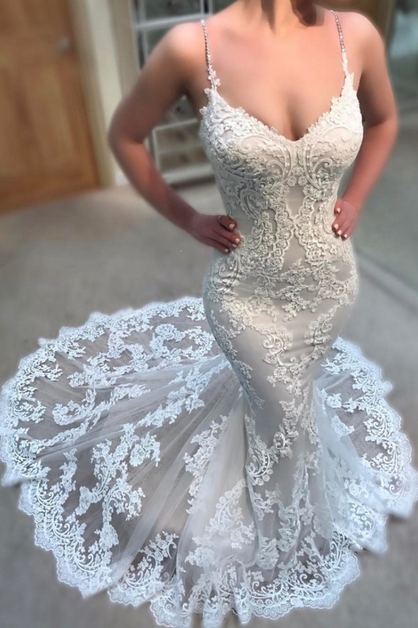 Glamorous Long Mermaid Spaghettis Straps Lace Wedding Dresses - YESBABYONLINE