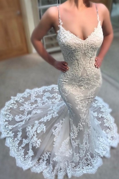 Glamorous Long Mermaid Spaghettis Straps Lace Wedding Dresses - YESBABYONLINE