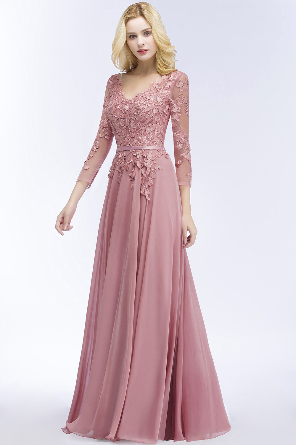 Long A-line V-Neck Chiffon Lace Floor-Length Bridesmaid Dresses with Sleeves - YESBABYONLINE