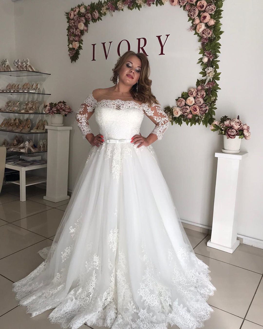 Long Sleeves Off The Shoulder A Line Tulle Lace Wedding Dresses - YESBABYONLINE