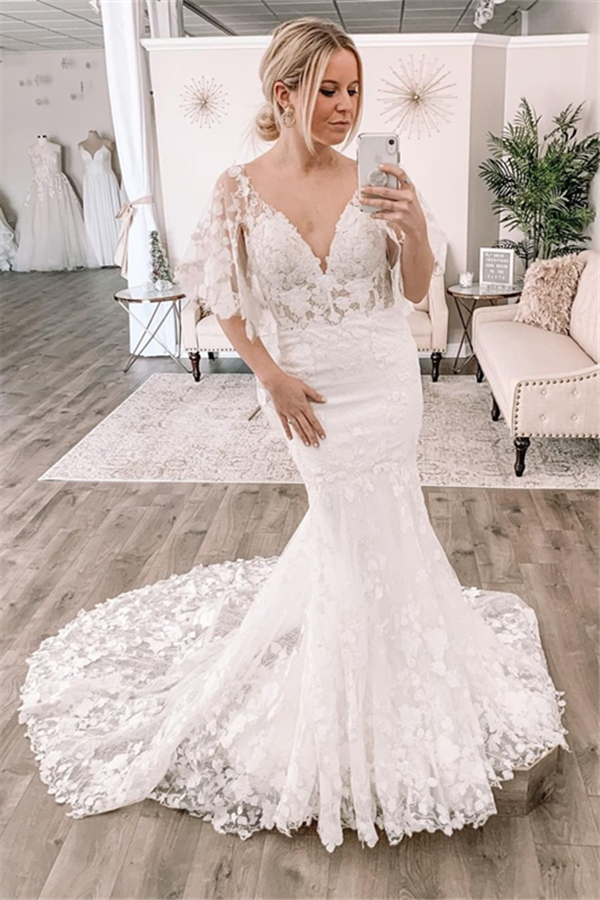 Sexy Long Mermaid V Neck Lace Tulle Wedding Dress with Sleeves - YESBABYONLINE