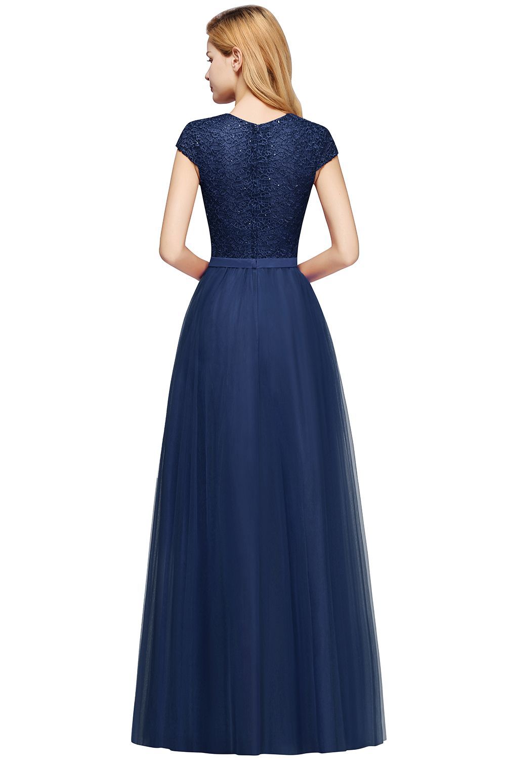 Long A-line Tulle Lace Bridesmaid Dress with Cap Sleeves - YESBABYONLINE