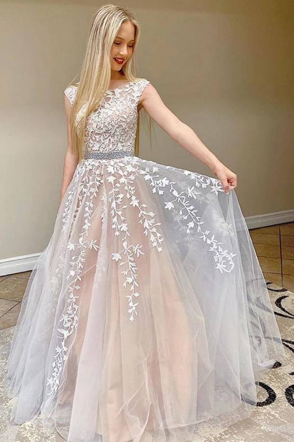 Elegant Long A-line Tulle Sleeveless Lace Appliques Backless Prom Dresses - YESBABYONLINE