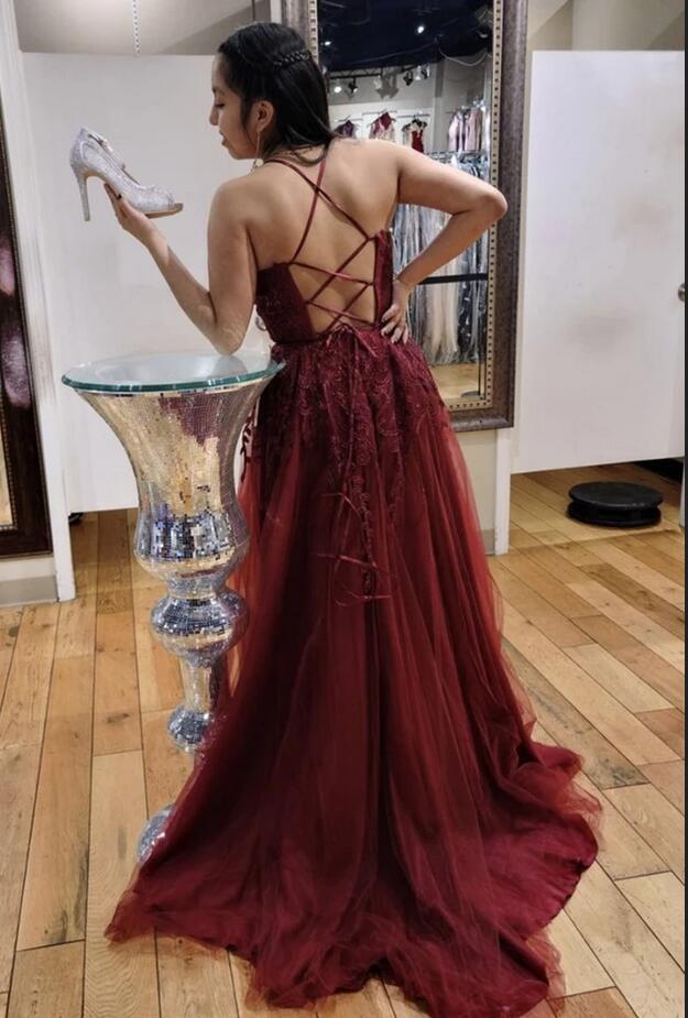 Long A-line V-neck Spaghetti Straps Tulle Lace Open Back Prom Dresses - YESBABYONLINE