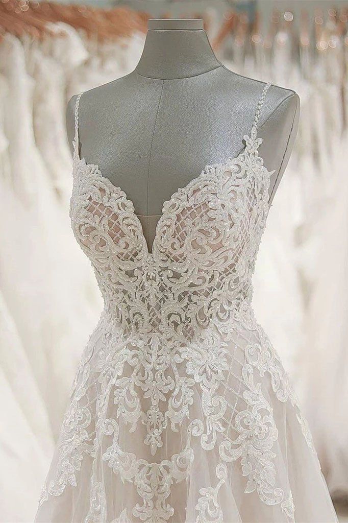 Long A Line V Neck Spaghetti Strap Lace Tulle Open Back Wedding Dresses - YESBABYONLINE