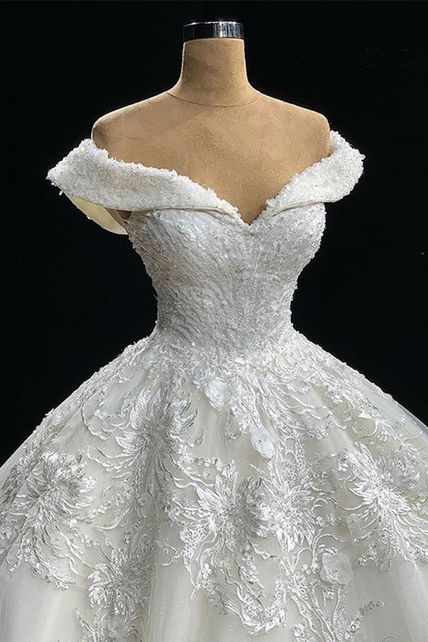 Gorgeous Long Off The Shoulder Ball Gown Appliques Lace Wedding Dress - YESBABYONLINE