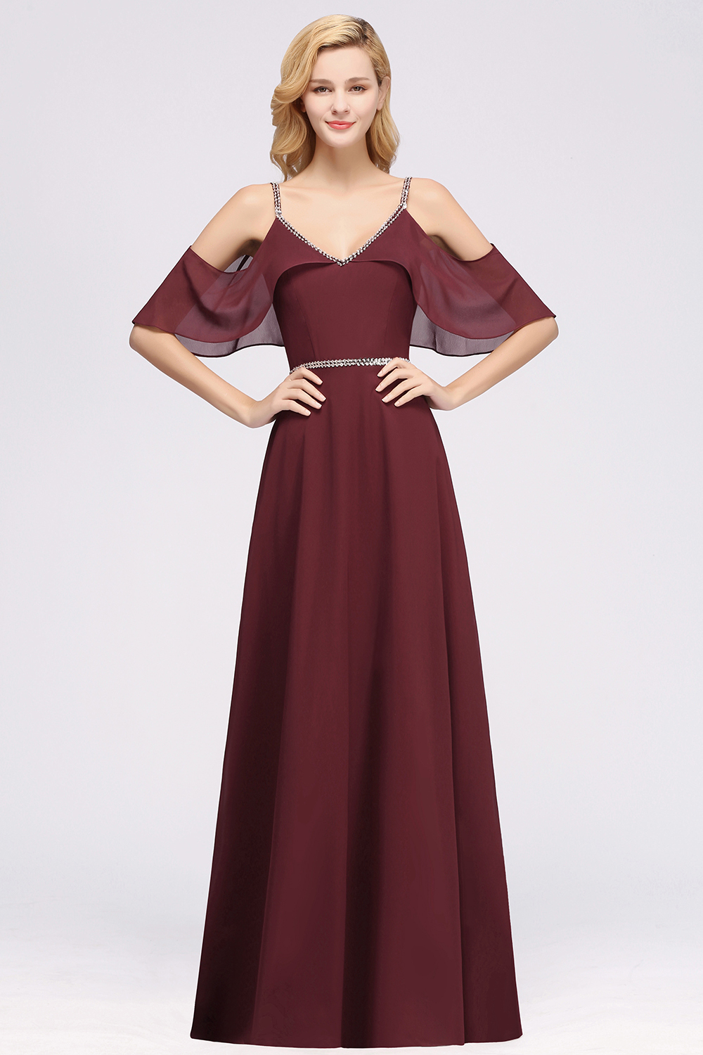 Elegant A-line V-Neck Spaghetti Straps Sleeveless Floor-Length Bridesmaid Dresses with Beading Sash - YESBABYONLINE
