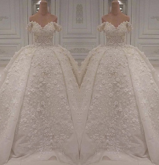 Luxurious Long Ball Gown Off The Shoulder Tulle Applique Lace Beading Wedding Dresses - YESBABYONLINE