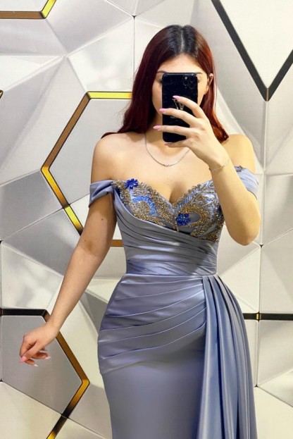 Long Mermaid Off the Shoulder Sweetheart Floor Length Satin Prom Dress with Ruffles - YESBABYONLINE