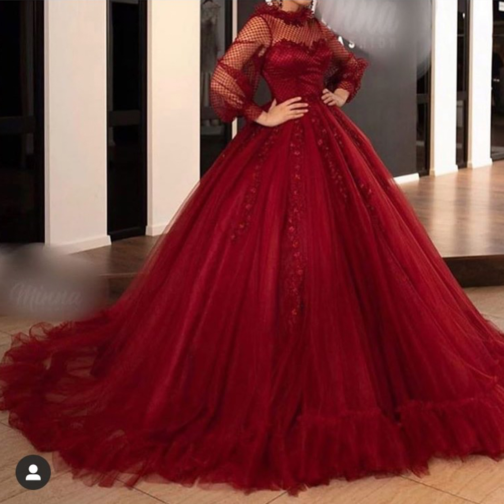 Vintage Long Tulle Lace Appliques Ball Gown Prom Dresses with Sleeves - YESBABYONLINE