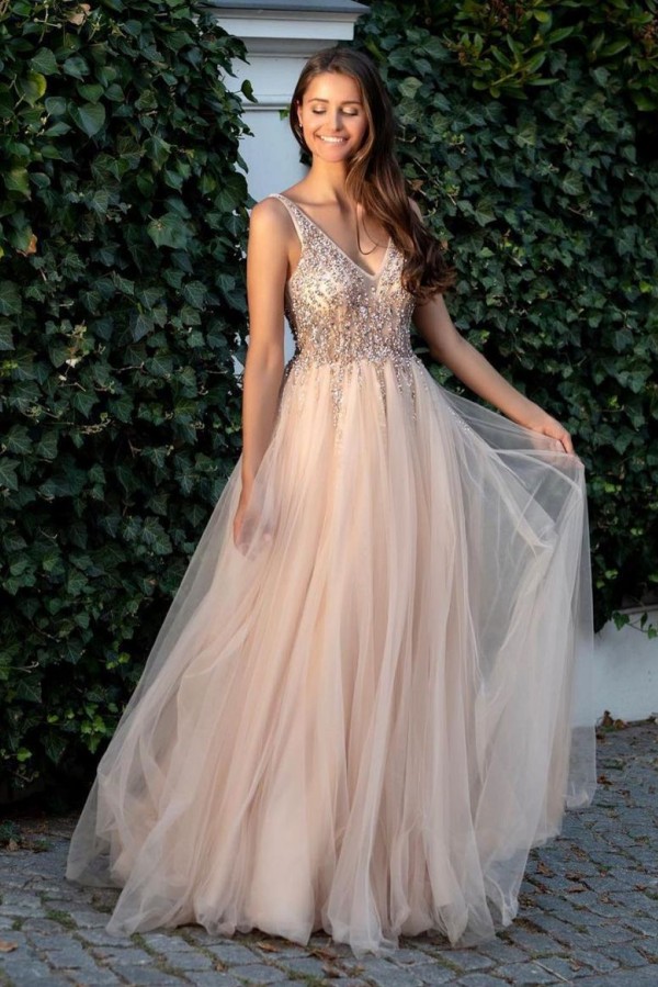 Long A Line Beadings V Neck Tulle Floor Length Backless Prom Dresses - YESBABYONLINE
