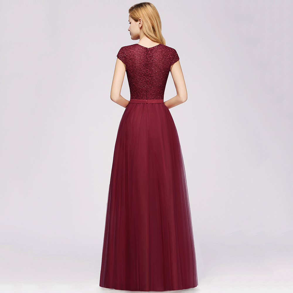 Long A-line Tulle Lace Bridesmaid Dress with Cap Sleeves - YESBABYONLINE