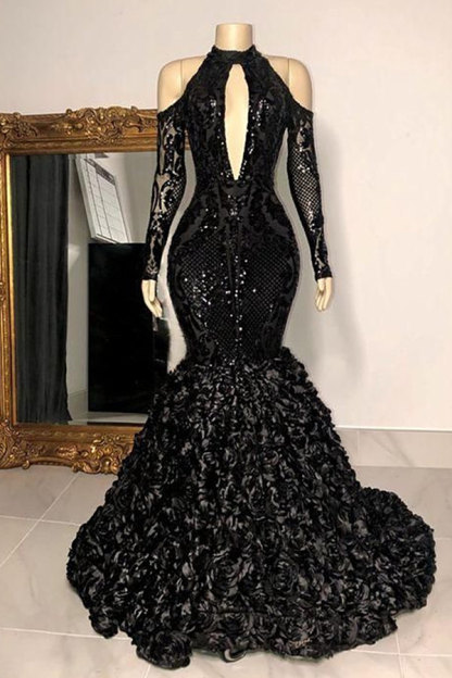 Black High Neck Long Sleeves Sequins Mermaid Prom Dress - YESBABYONLINE