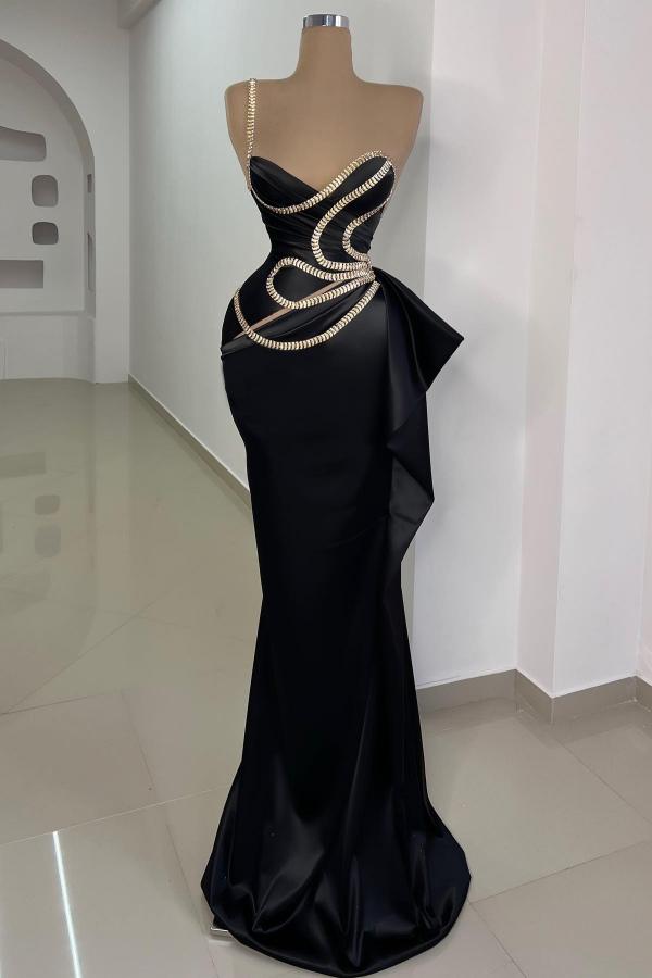 Strapeless Mermaid Long Black Ruched Satin Prom Dress with Beadings