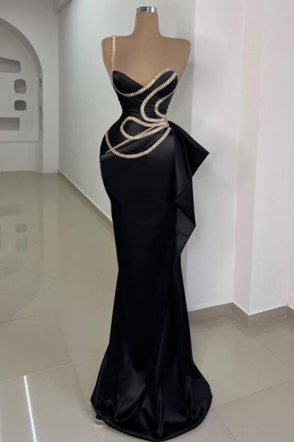 Strapeless Mermaid Long Black Ruched Satin Prom Dress with Beadings