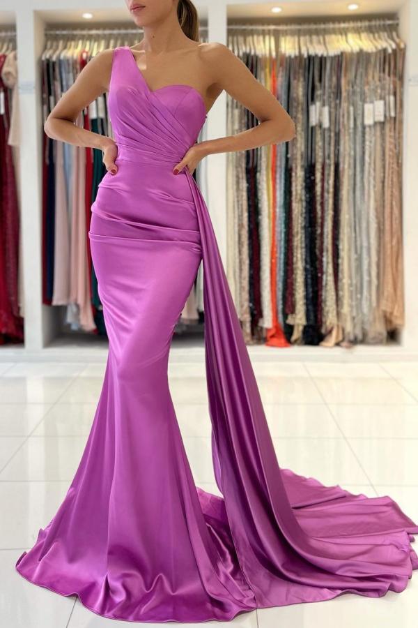 Elegant Long One Shoulder Satin Backless Mermaid Evening Dress With Side Sweep Train - YESBABYONLINE