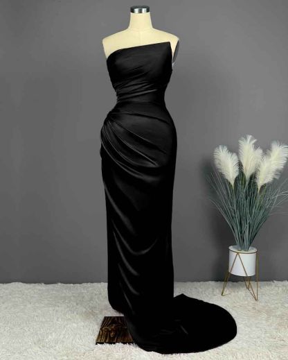 Elegant Long Strapless Sleeveless Mermaid Satin Prom Dresses with Slit - YESBABYONLINE