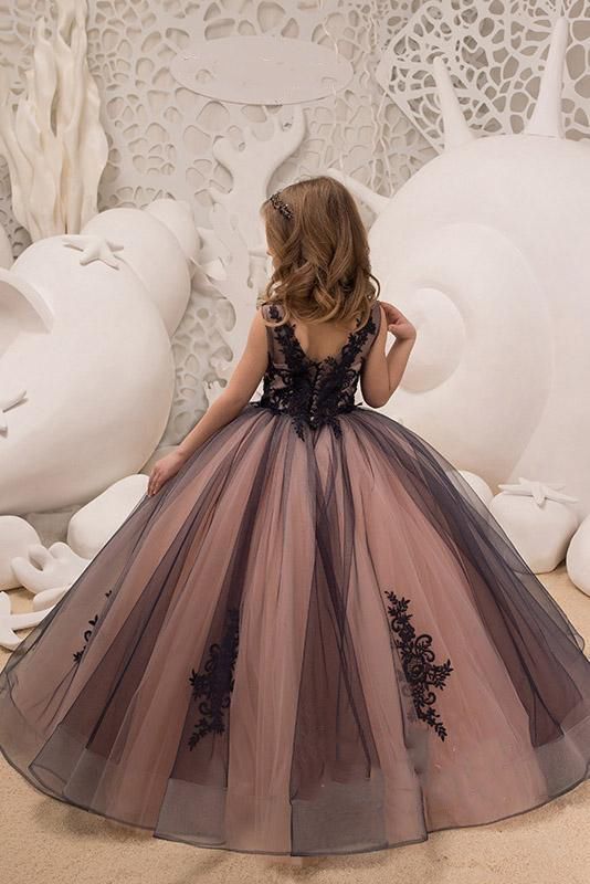 Black Long Ball Gown V-neck Tulle Appliques Lace Flower Girl Dress - YESBABYONLINE