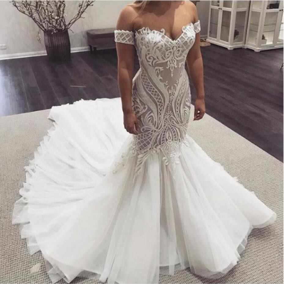 Long Mermaid Off the Shoulder Sweetheart Lace Tulle Wedding Dresses - YESBABYONLINE