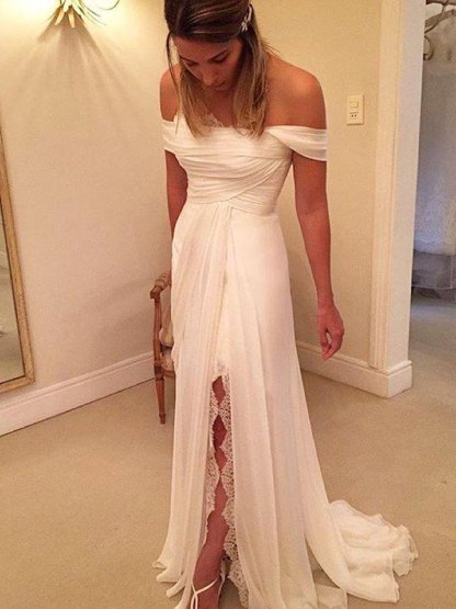 Long A-line Off-the-Shoulder Sleeveless Chiffon Ruffles Wedding Dresses with Slit - YESBABYONLINE