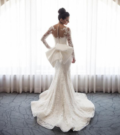 Long Sleeves Sweetheart Mermaid Lace Wedding Dress with Detachable Train - YESBABYONLINE