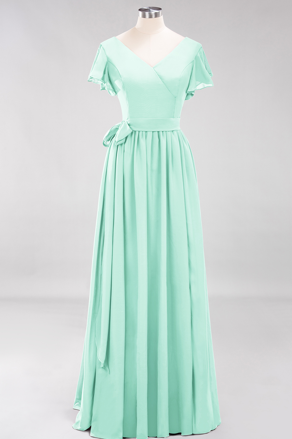 Elegant A-line V-Neck Short Sleeves Floor-Length Bridesmaid Dresses with Bow Sash - YESBABYONLINE