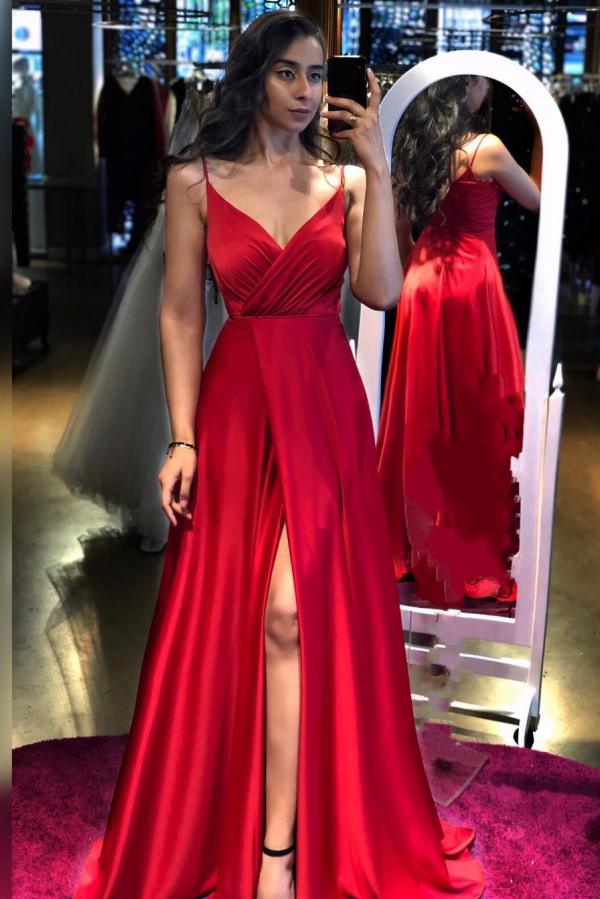 Elegant Red Long Spaghetti Straps V-neck A-line Floor-length Evening Dress With Split - YESBABYONLINE