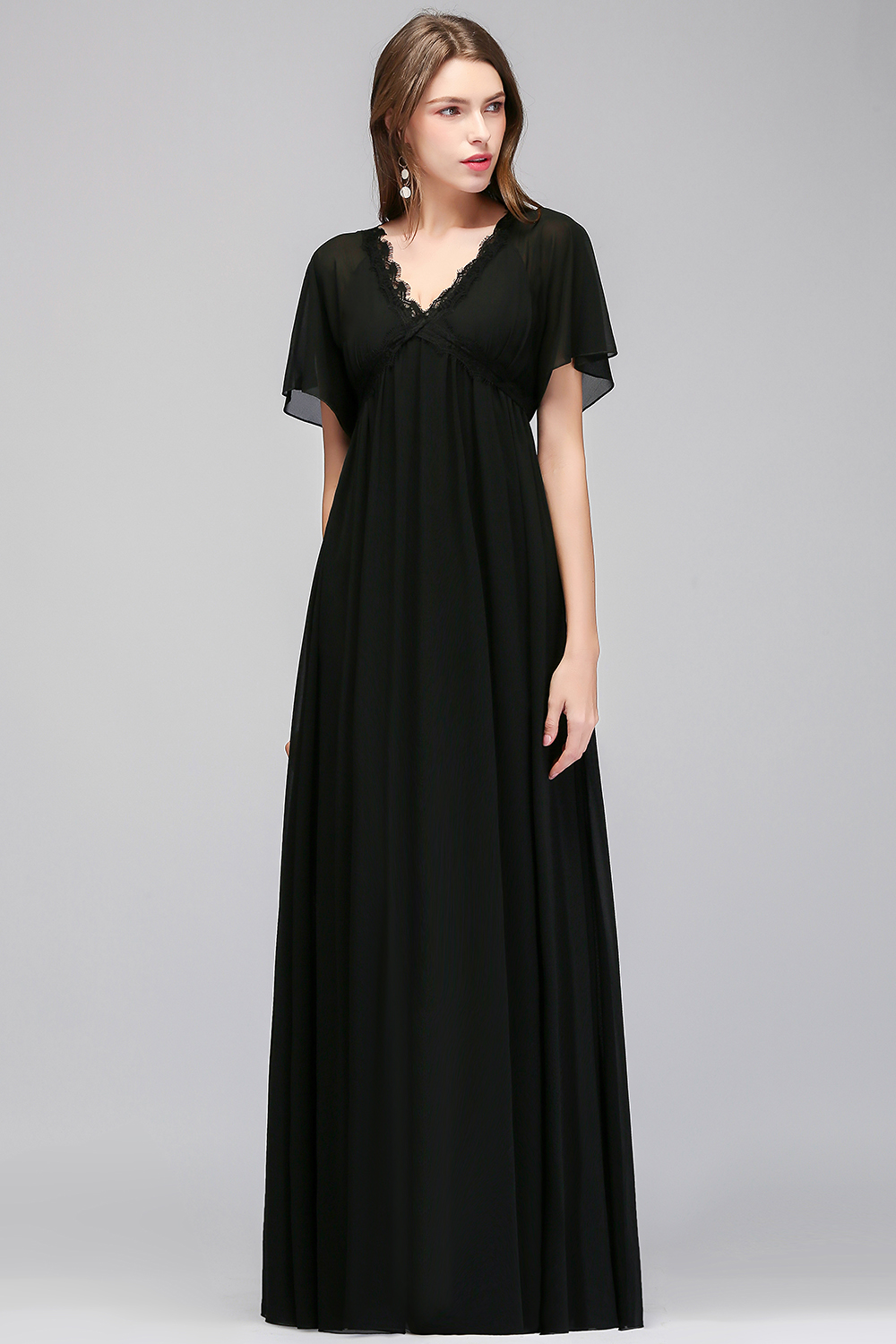 Long Black A-line V-Neck Floor-Length Chiffon Bridesmaid Dresses with Sleeves - YESBABYONLINE
