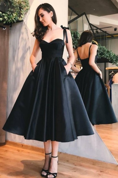 Black Short Spaghetti Straps Sweetheart A-line Tea-length Satin Prom Dress With Pockets - YESBABYONLINE