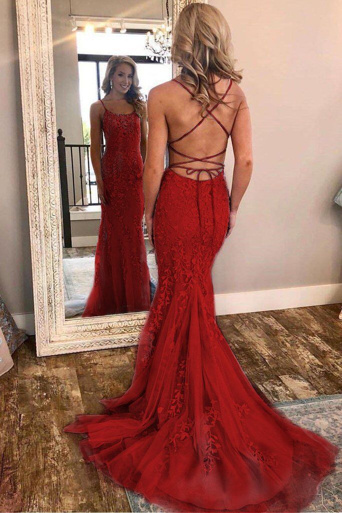 Long Mermaid Tulle Lace Backless Formal Prom Dresses - YESBABYONLINE