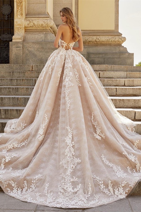 Elegant Champagne Long Mermaid Sweetheart Pocktes Wedding Dress with Detachable Train - YESBABYONLINE