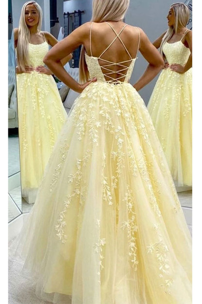 Elegant Long A-line Spaghetti Strap Strapless Backless Applique Lace Prom Dresses - YESBABYONLINE