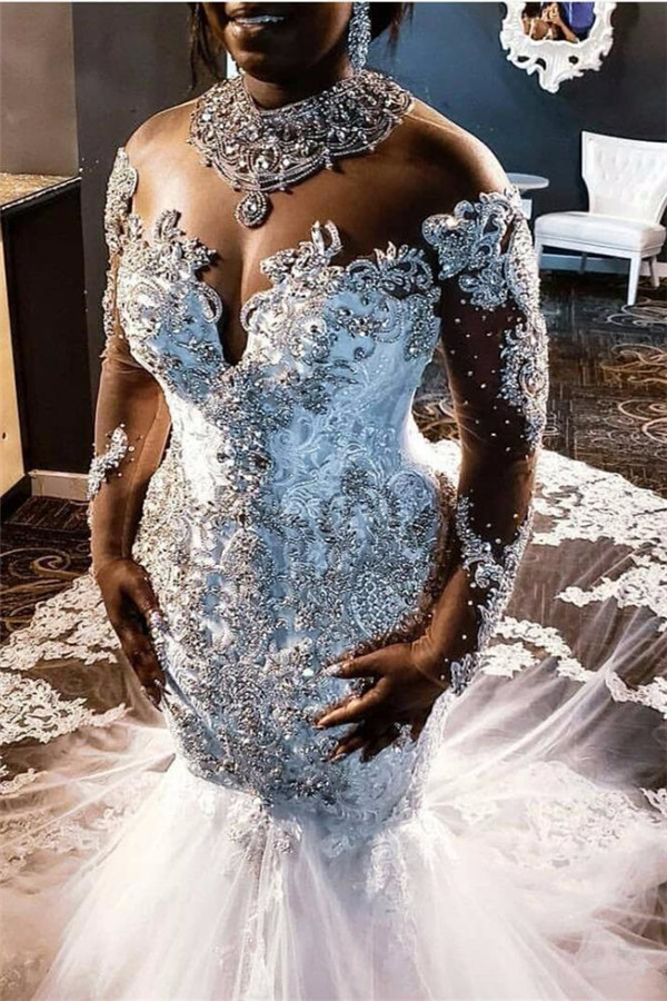 Long High Neck Mermaid Tulle Beading Lace Wedding Dresses with Sleeves - YESBABYONLINE