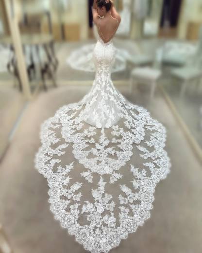 Stunning Long Spaghetti Straps Appliques Lace Mermaid Backless Wedding Dress With Train - YESBABYONLINE