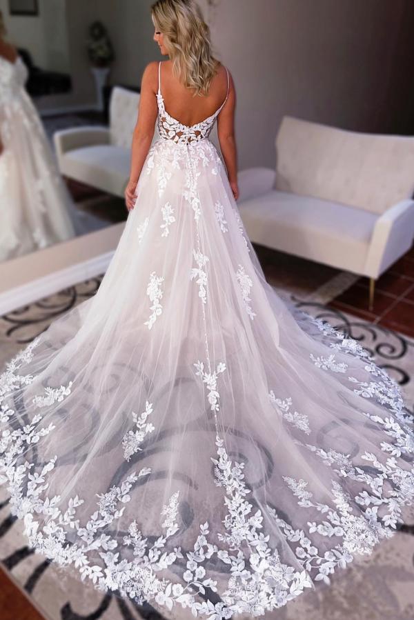 Charming Long A-Line Sweetheart Spaghetti Strap Sleeveless Wedding Dresses with Appliques - YESBABYONLINE