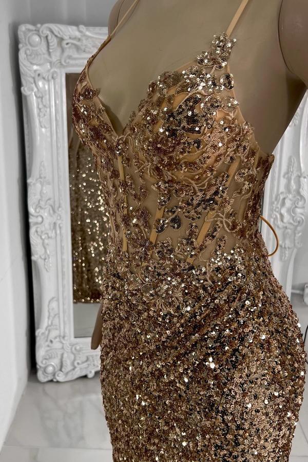 Spaghetti Straps V Neck Backless Mermaid Long Prom Dress with Sequins and Rhinestones
