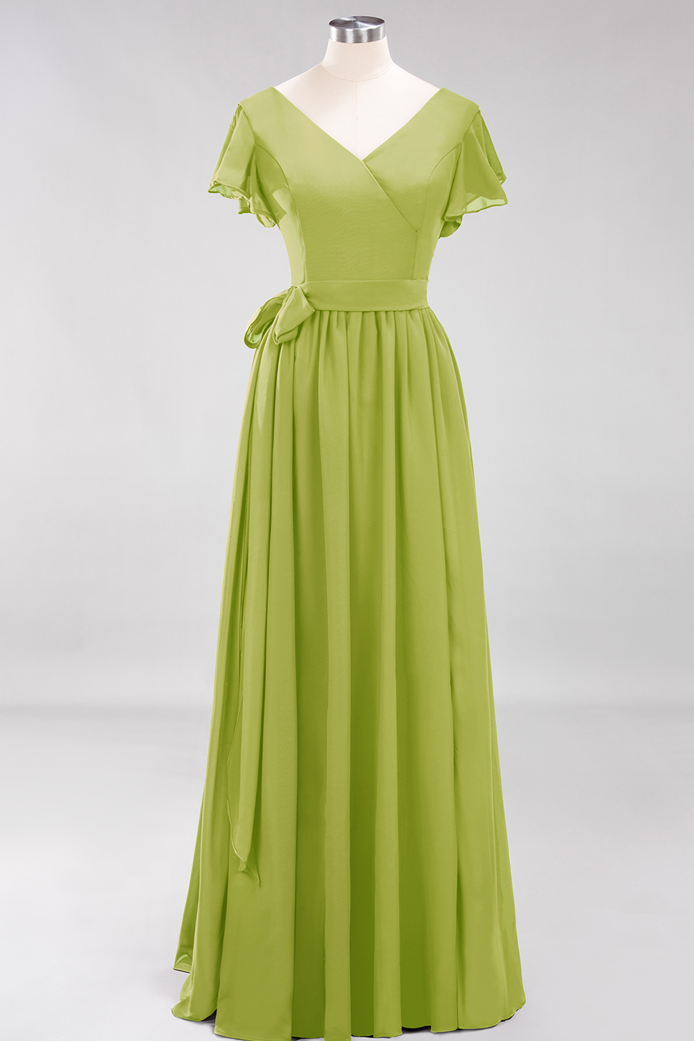 Elegant A-line V-Neck Short Sleeves Floor-Length Bridesmaid Dresses with Bow Sash - YESBABYONLINE