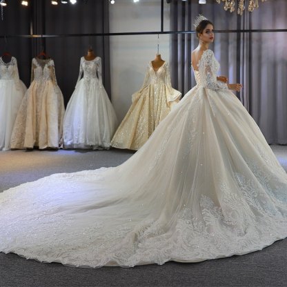 Long Sleeve Sweetheart Appliques Lace A-Line Ruffles Floor-length Wedding Dress - YESBABYONLINE