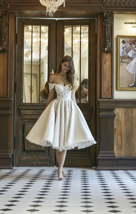 Classy Short Off the Shoulder Lace Sequins A-Line Tea-length Ruffles Wedding Dress - YESBABYONLINE