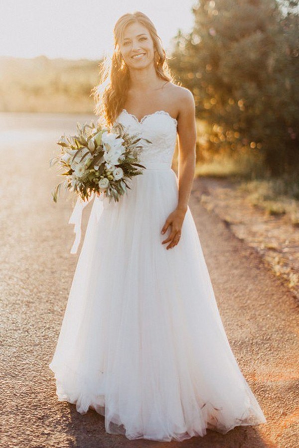 Long A-line Sweetheart Floor-Length Tulle Sleeveless Wedding Dresses - YESBABYONLINE