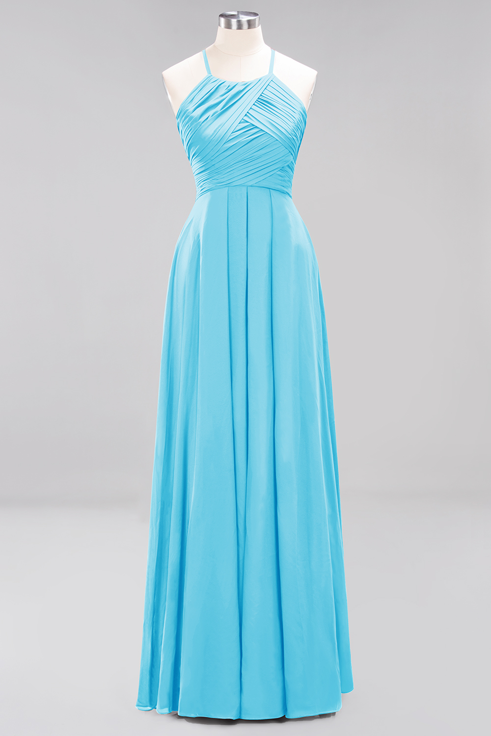 Long A-Line Halter Ruffles Floor-Length Chiffon Bridesmaid Dress - YESBABYONLINE