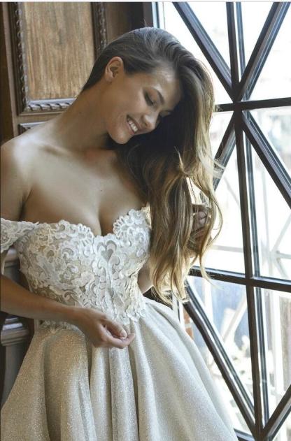Classy Short Off the Shoulder Lace Sequins A-Line Tea-length Ruffles Wedding Dress - YESBABYONLINE