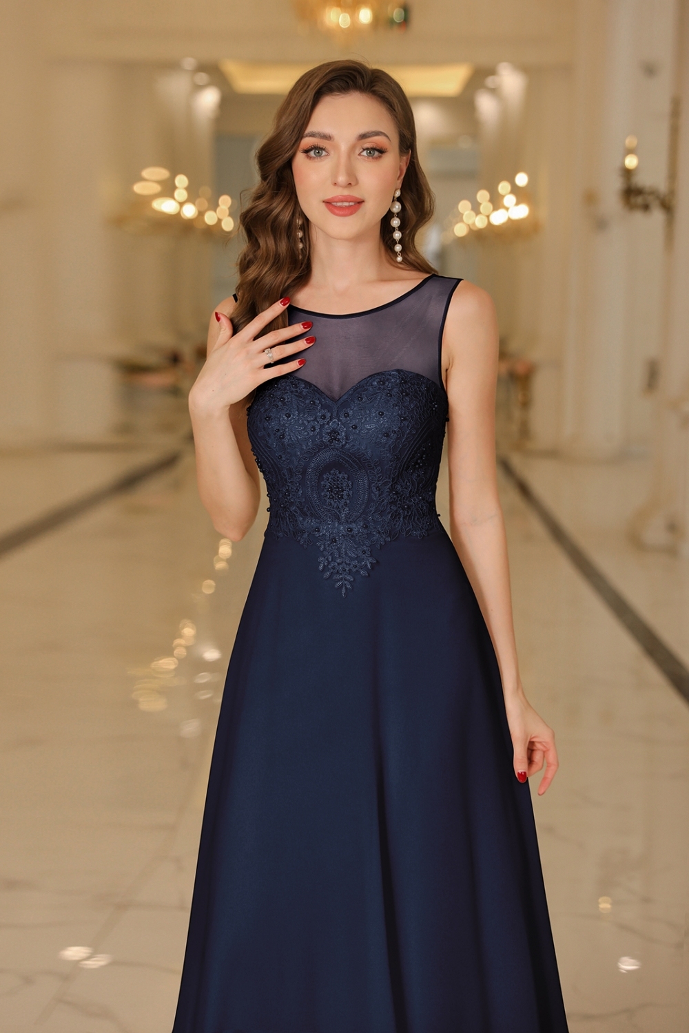 Elegant Long A-Line Lace Chiffon Floor Length Sleeveless Prom Dresses - YESBABYONLINE
