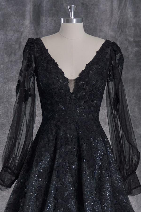 Black Long Sleeves V-Neck A-Line Lace Tulle Wedding Dress with Appliques - YESBABYONLINE