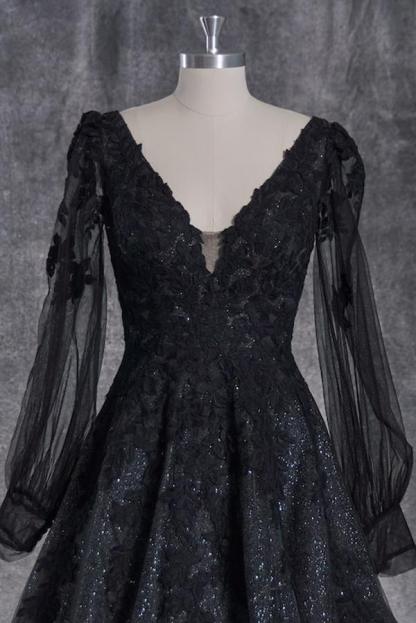 Black Long Sleeves V-Neck A-Line Lace Tulle Wedding Dress with Appliques - YESBABYONLINE