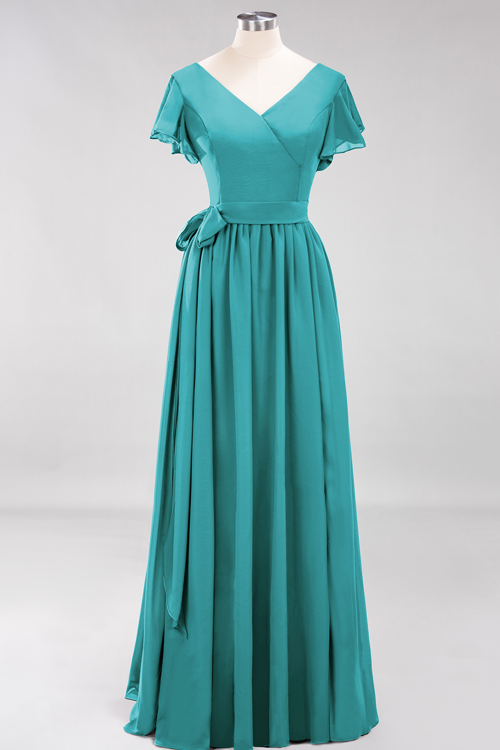 Elegant A-line V-Neck Short Sleeves Floor-Length Bridesmaid Dresses with Bow Sash - YESBABYONLINE