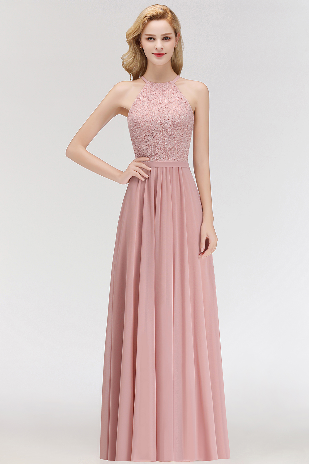 Elegant Long A-Line Halter Lace Chiffon Bridesmaid Dresses - YESBABYONLINE