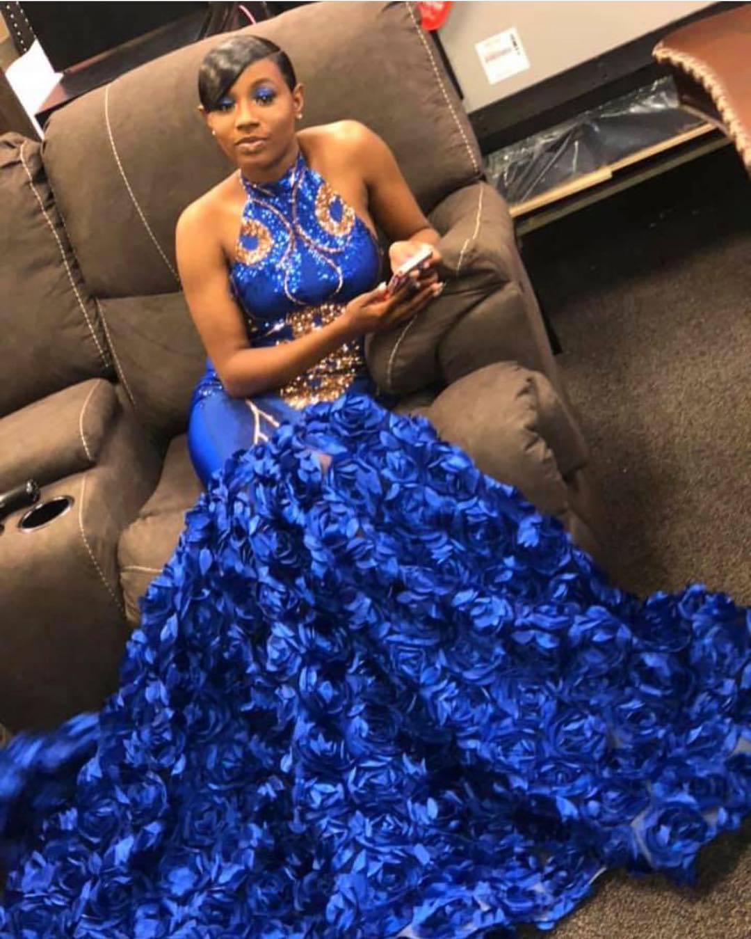 Royal Blue Long Mermaid Halter Sleeveless Flowers Prom Dresses - YESBABYONLINE