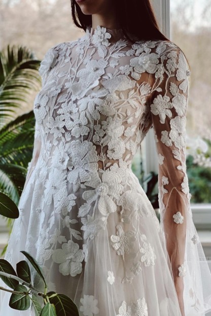 Elegant Long A line High Neck Tulle Lace Backless Wedding Dress with Sleeves - YESBABYONLINE